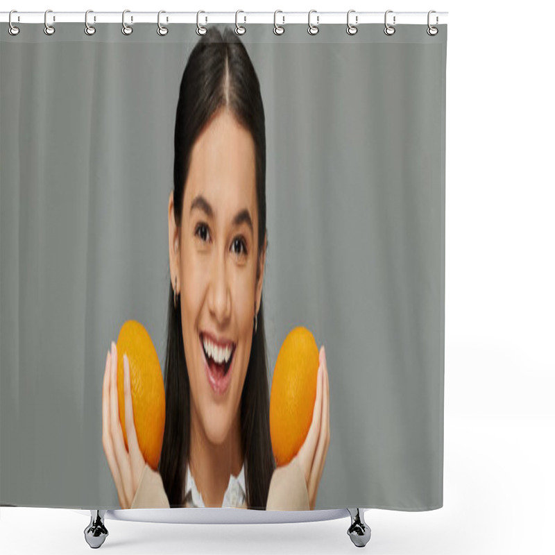 Personality  A Happy, Young Woman Expresses Excitement While Holding Fresh Oranges, Dressed In Trendy Attire. Shower Curtains