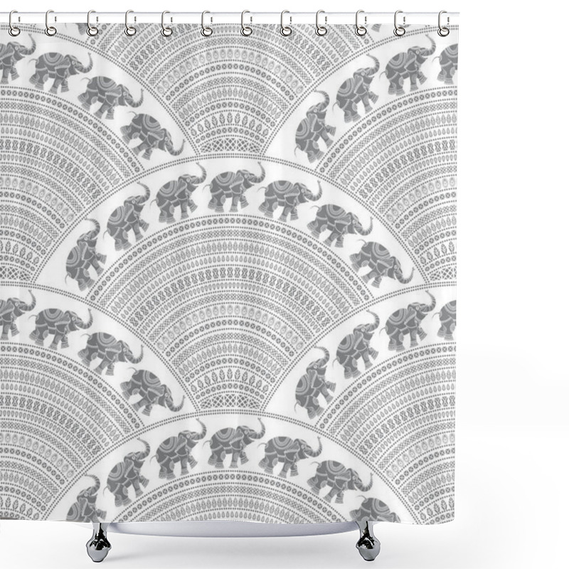 Personality  Abstract Seamless Geometrical Wavy Pattern With Indian Elephants. Grey Fan Shaped Ornate Feathers, Leaves, Banners With Ethnic Ornaments. Fish Scale Order. Batik Paint. Oriental Print Shower Curtains