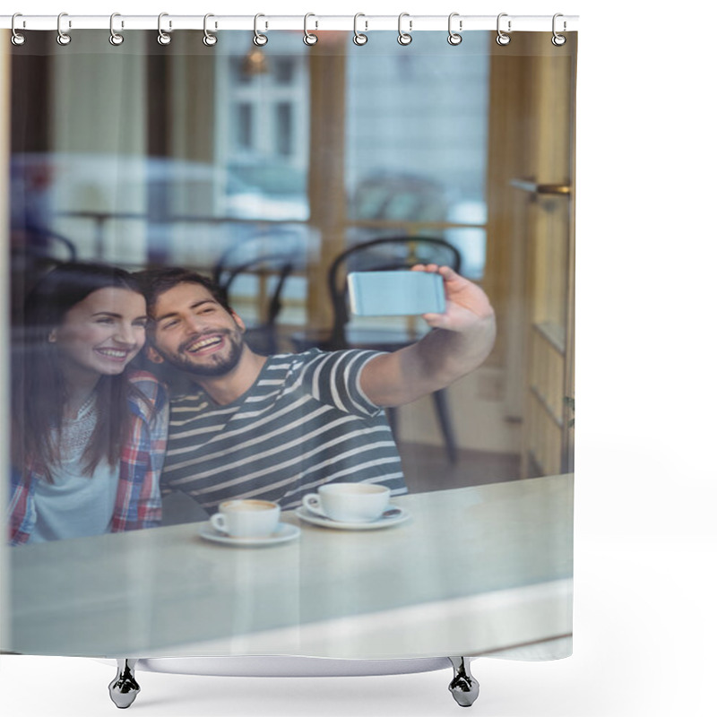 Personality  Cheerful Couple Taking Selfie At Cafe Shower Curtains