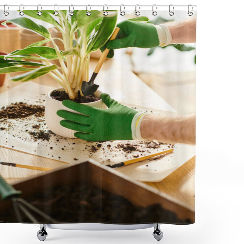 Personality  Man Wearing Green Gloves Carefully Tends To A Potted Plant In A Charming Plant Shop Setting. Shower Curtains