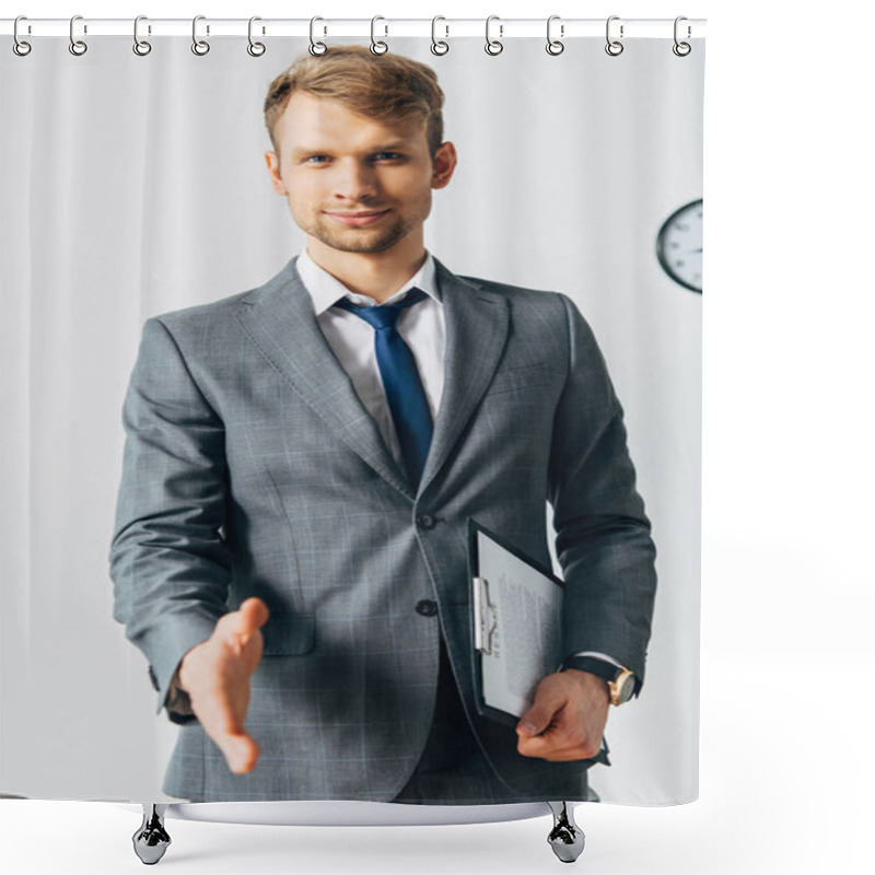 Personality  Selective Focus Of Handsome Man With Clipboard Pulling Hand For Handshake And Looking At Camera In Office  Shower Curtains