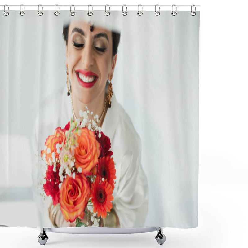 Personality  Young Happy Indian Bride With Mehndi Holding Bouquet Of Flowers On White Shower Curtains