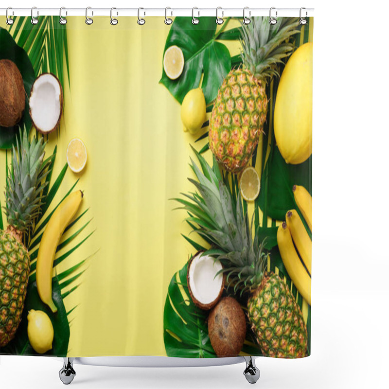 Personality  Exotic Pineapples, Ripe Coconuts, Banana, Melon, Lemon, Tropical Palm And Green Monstera Leaves On Yellow Background With Copyspace. Creative Layout. Monochrome Summer Concept. Flat Lay, Top View. Shower Curtains