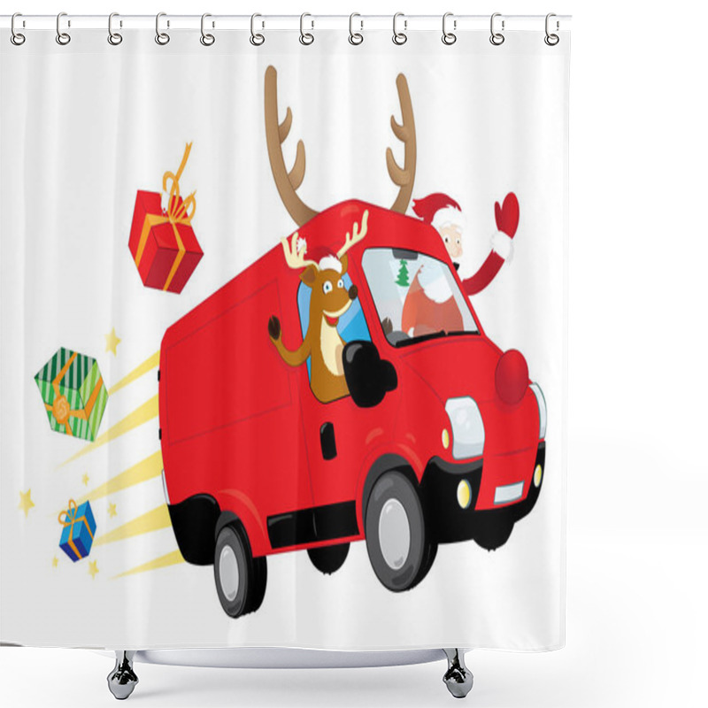 Personality  A Vector Cartoon Representing A Modern Christmas Reindeer And A Funny Santa Claus, Driving A Speedy Red Van With Antlers And A Big Red Nose, Delivering Presents And Flying In The Sky Shower Curtains