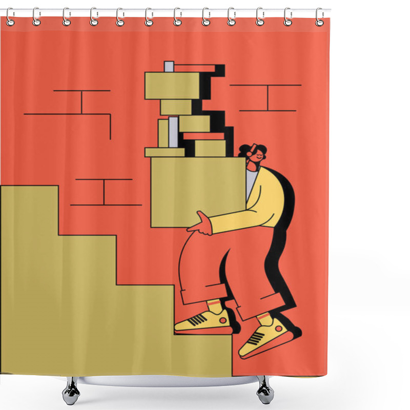 Personality  Vector Illustration Of A Flat Female Character Carries Packages And Boxes Up The Stairs Shower Curtains