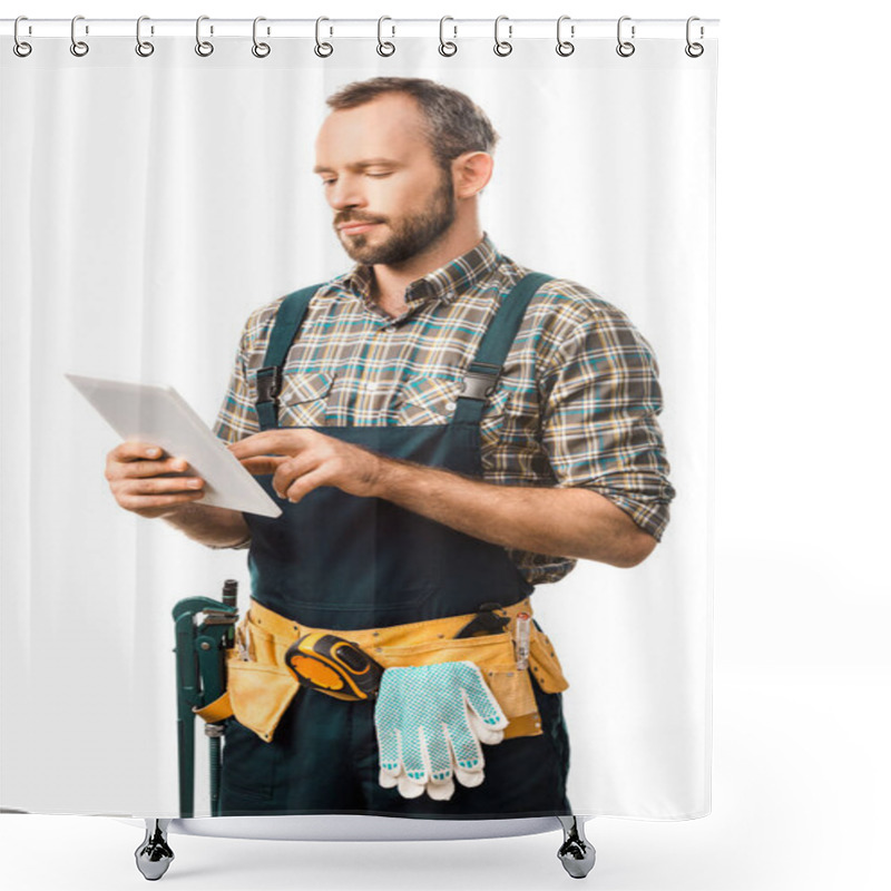 Personality  Handsome Plumber With Tool Belt Using Tablet Isolated On White Shower Curtains