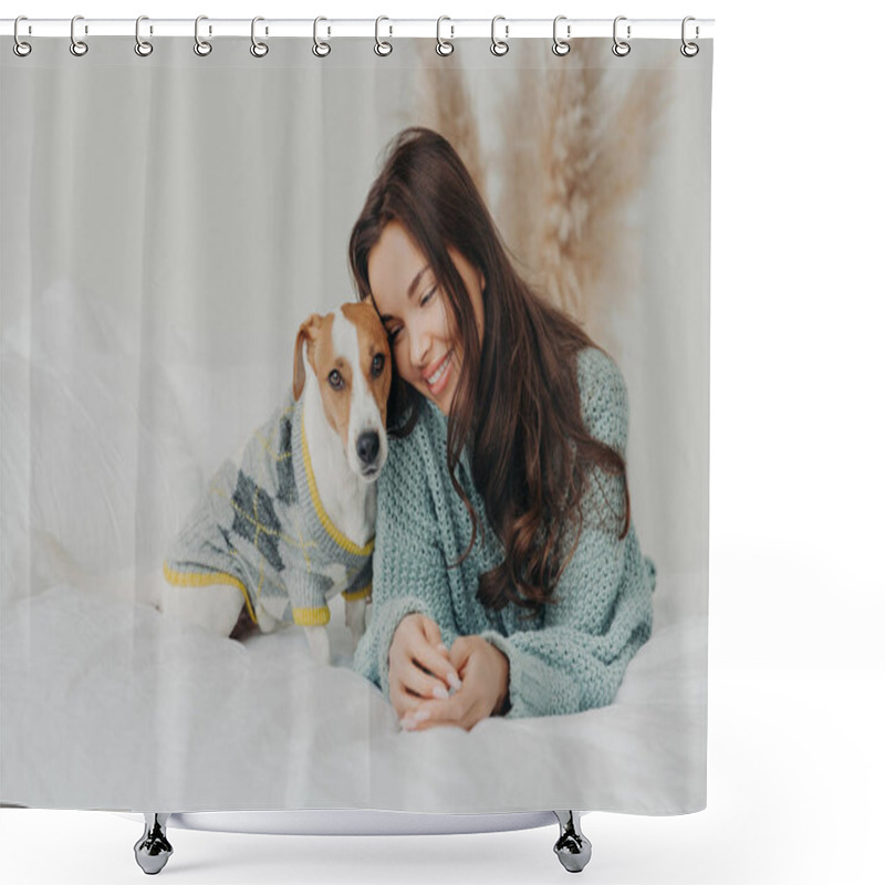 Personality  Photo Of Beautiful Brunette Woman In Knitted Sweater Lies Together Wih Dog On Soft Bed, Enjoys Spending Time With Favorite Pet, Cares About Animals, Stay At Home During Coronavirus Quarantine Shower Curtains