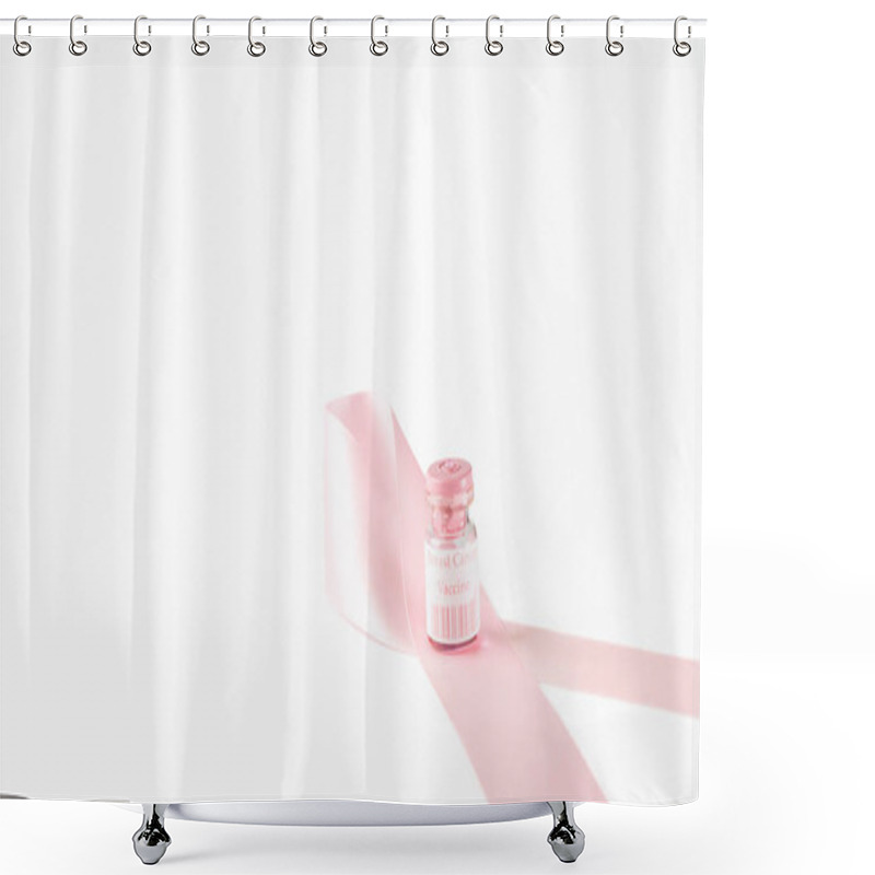 Personality  Breast Cancer Vaccine Mock-up, Pink Vial With Ribbon On White Background.  Women's Health, Research, Awareness. Shower Curtains