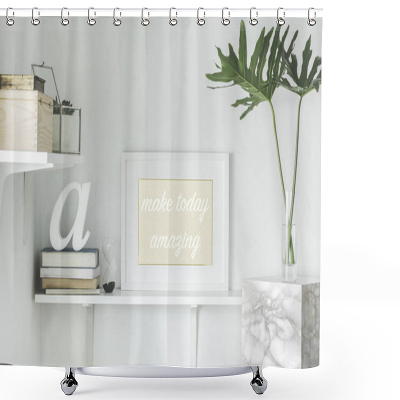 Personality  Bright White Interior Corner With Shelves And Inspirational Phrase In Frame On Wall Shower Curtains