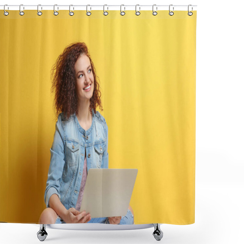 Personality  Young Woman Using Laptop Shower Curtains