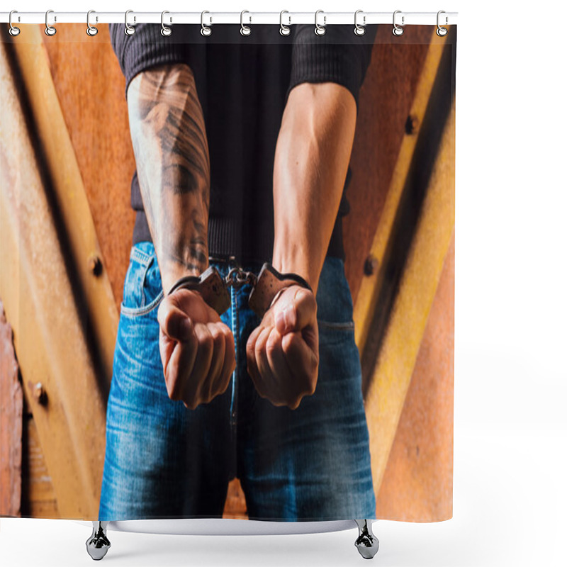 Personality  Tattooed Hands Of A Criminal Handcuffed Shower Curtains