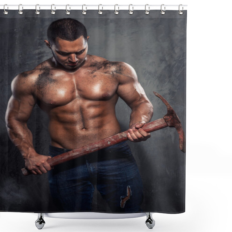 Personality  Muscular Man Holding Pickaxe Shower Curtains