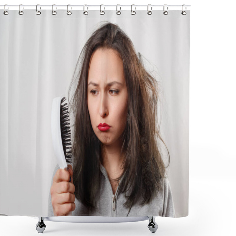 Personality  A Girl With Tousled Shaggy Hair Holds A Comb In Her Hands Shower Curtains