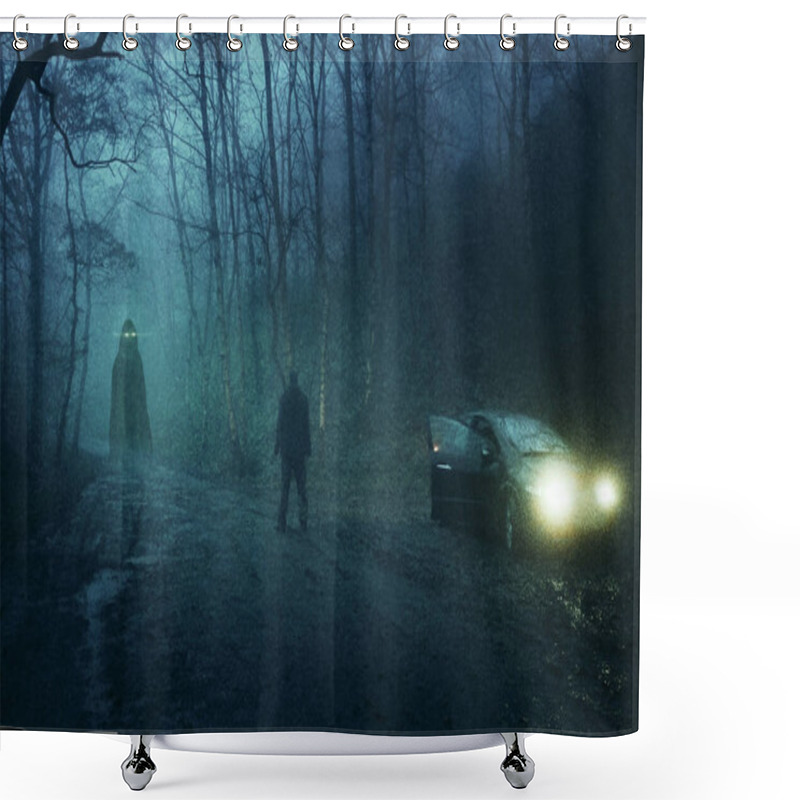 Personality  A Supernatural Concept. Of A Man Next To A Car Looking At A Ghost With Glowing Eyes. In A Spooky, Winter Forest At Night With A Grunge, Textured Edit                     Shower Curtains