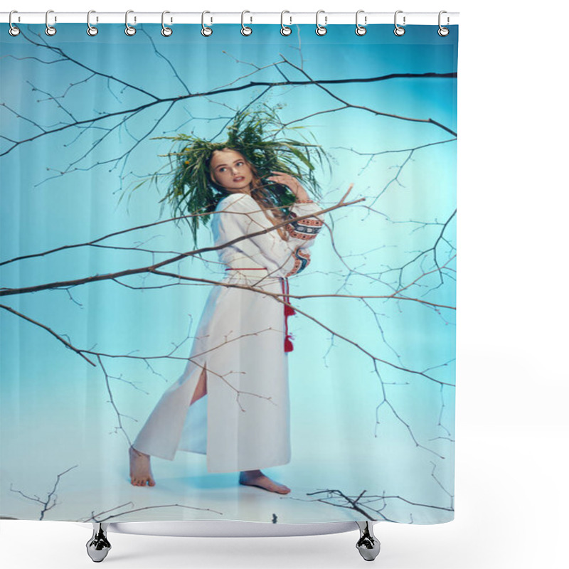 Personality  A Young Mavka In A White Dress Gracefully Holds A Delicate Branch In A Whimsical Studio Setting. Shower Curtains