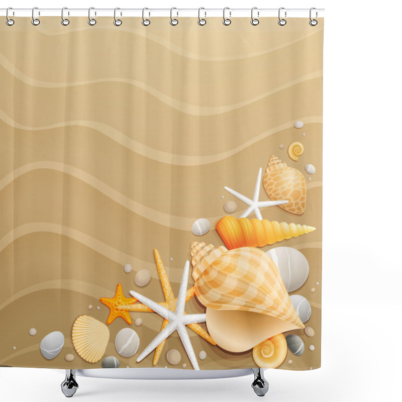 Personality  Shells And Starfishes On Sand Background Shower Curtains