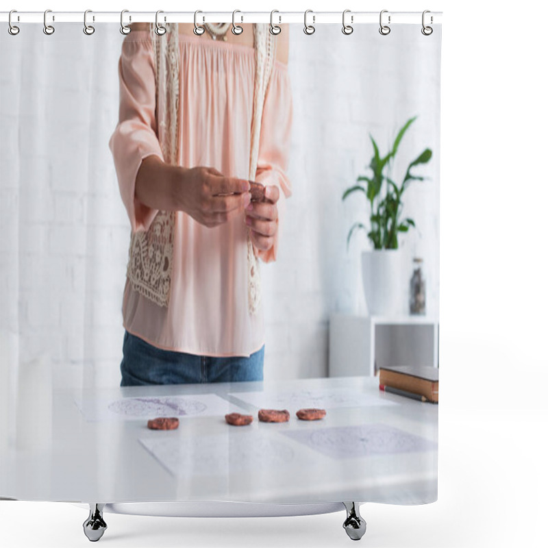 Personality  Partial View Of Astrologer Holding Clay Runes Near Celestial Maps  Shower Curtains