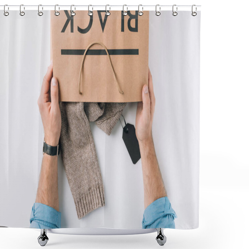 Personality  Man Holding Paper Bag With Sweater Shower Curtains