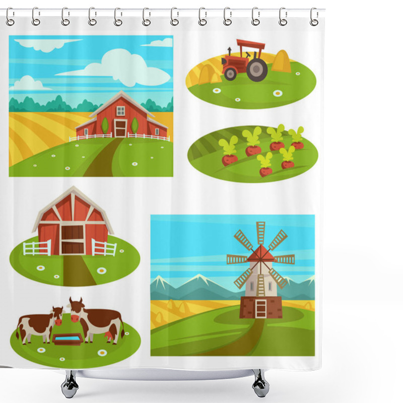 Personality  Farm Household Or Farmer Agriculture. Vector Flat Farmer House And Barn On Harvest Field For Wheat Or Vegetable Garden Farming, Cows Cattle On Pasture Or In Farm Corral And Tractor Shower Curtains