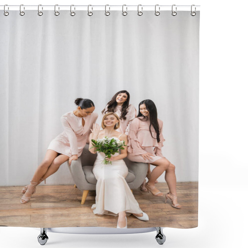 Personality  Wedding Photography, Cultural Diversity, Four Women, Joyful Bride With Bouquet Showing Her Engagement Ring Near Bridesmaids, Wedding Day, Sitting On Armchair, Grey Background, Happiness And Joy  Shower Curtains