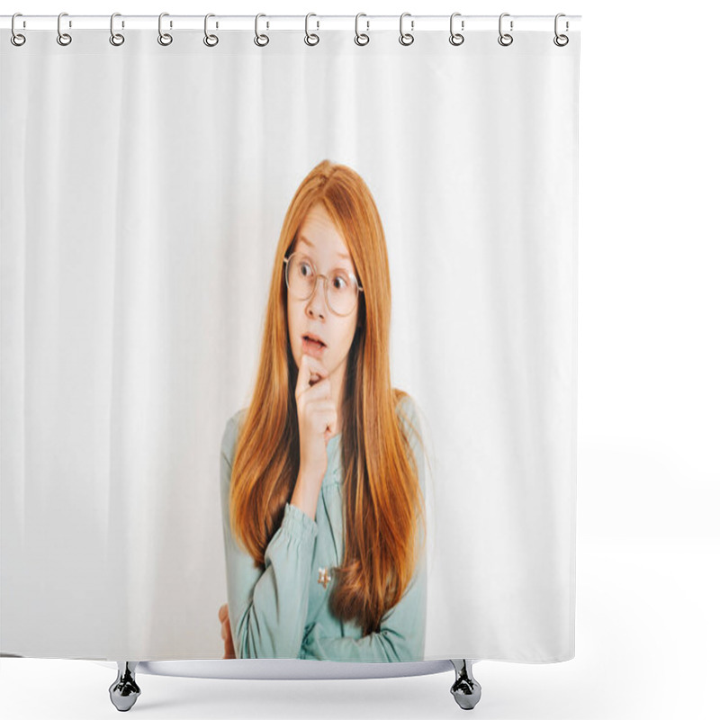 Personality  Studio Shot Of Young Preteen Red-haired Girl Against White Background, Surprised Facial Expression Shower Curtains