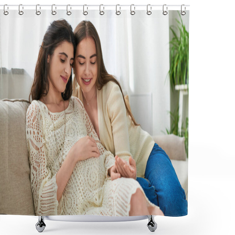 Personality  Beautiful Expecting Lesbian Couple Hugging On Sofa With Hand On Pregnant Belly, Ivf Concept Shower Curtains