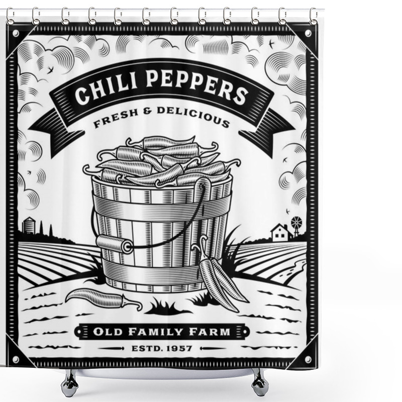 Personality  Retro Chili Pepper Harvest Label With Landscape Black And White. Editable Vector Illustration With Clipping Mask. Shower Curtains