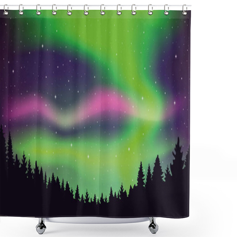 Personality  Aurora Borealis Beautiful Polar Lights In Stary Sky In Forest Shower Curtains