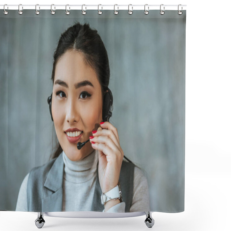 Personality  Beautiful Young Asian Call Center Operator Smiling At Camera On Grey Shower Curtains