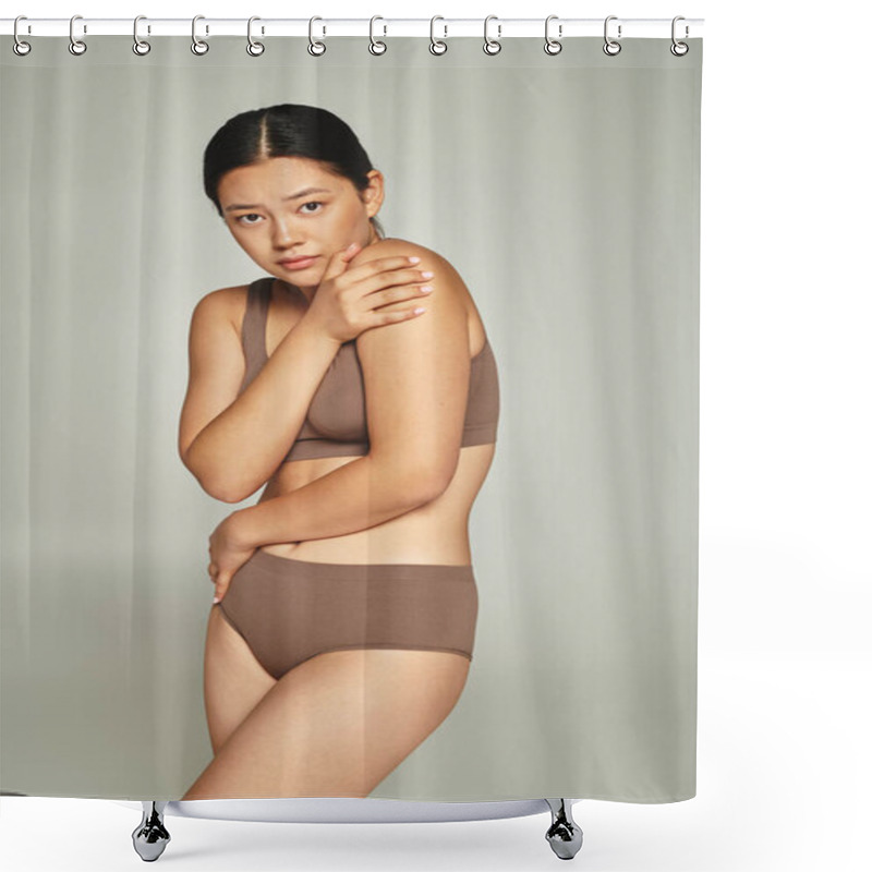 Personality  Young Asian Woman In Underwear Covering Body While Embracing Herself On Grey Backdrop, Body Shaming Shower Curtains