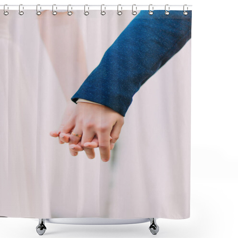 Personality  Young Married Couple Holding Hands, Ceremony Wedding Day Shower Curtains