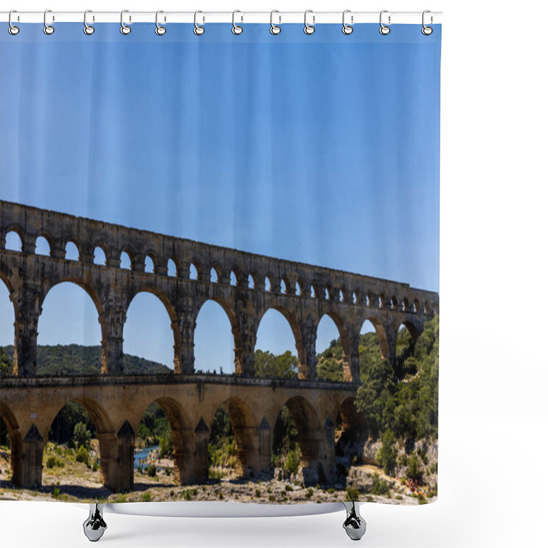 Personality  PROVENCE, FRANCE - JUNE 18, 2018: Pont Du Gard (bridge Across Gard) Ancient Roman Aqueduct Across Gardon River In  Provence, France Shower Curtains