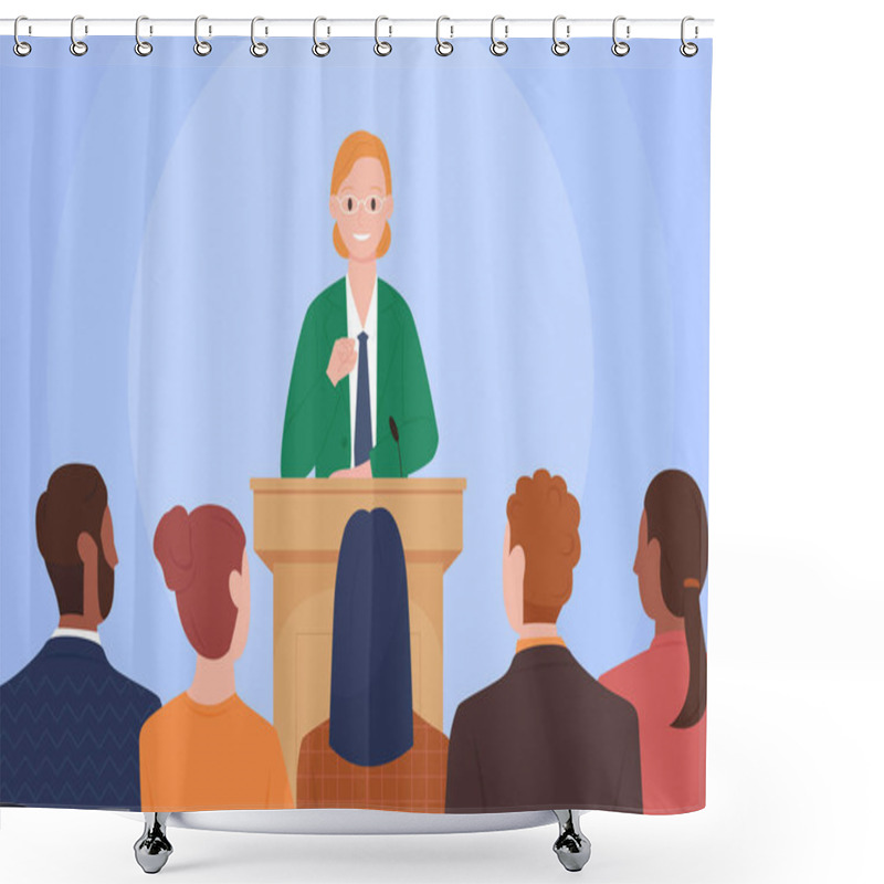 Personality  Cartoon Female Speaker Character Speaking To Crowd Of People, Politician In Suit Standing At Podium With Microphone To Talk.Public Speech Confident Woman Leader In Front Audience Vector Illustration Shower Curtains