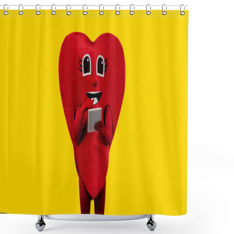 Personality  Person In Red Heart Costume Holding Digital Tablet Isolated On Yellow Shower Curtains