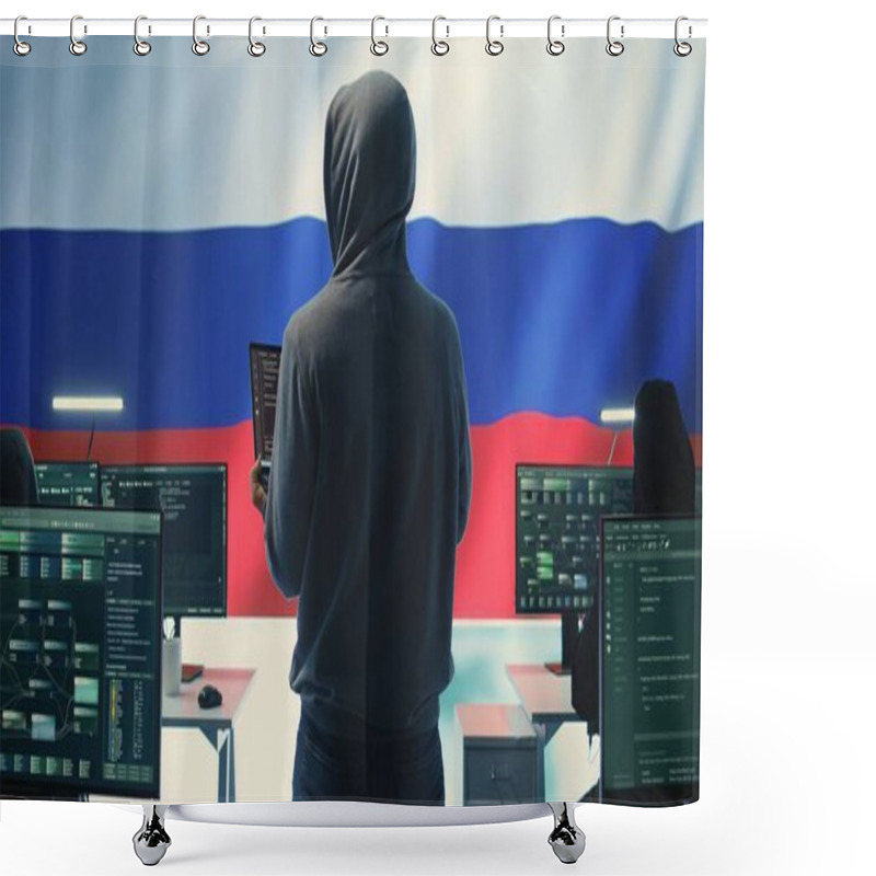 Personality  Shady Person Working In A Russian Governmental Cyber Defense Room, Showcasing Cyberterrorism. Hacker Inflicting Fake News Spread And Manipulation Among Nation, Political Aggression. Camera B. Shower Curtains