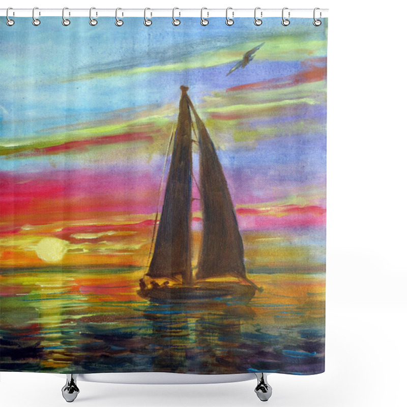 Personality  Silhouette Of A Sailing Yacht Against The Backdrop Of A Bright Sea Sunset, Oil Painting Shower Curtains