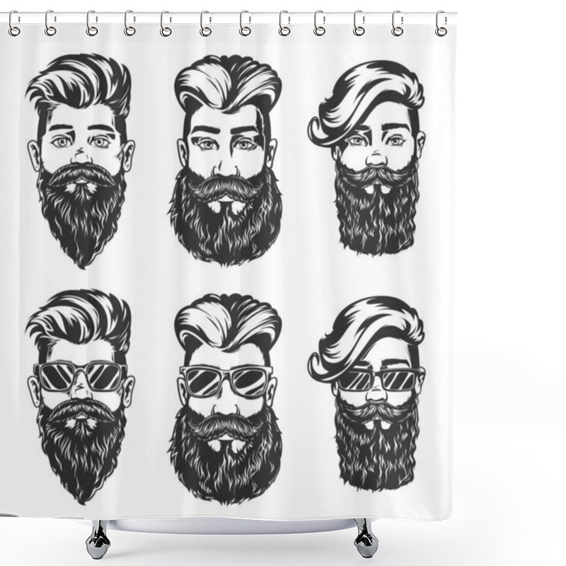 Personality  Hipster Hairstyle And Beard Style Vector Sketches Of Men Faces With Fashion Haircuts, Beards, Mustaches And Glasses, Isolated Hand Drawn Heads With Undercut, Angular Fringe And Pompadour Hairstyles Shower Curtains