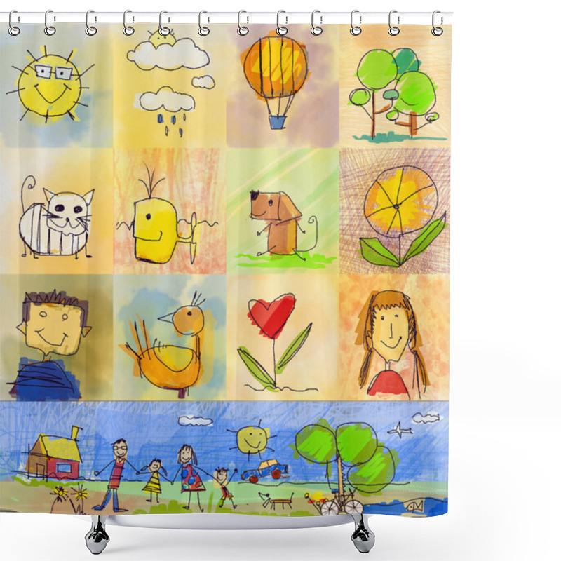 Personality  Collection Of Cute Drawings Of Kids, Children's Drawing Styles. Seamless And Multicolored Symbols Set With  Human Family, Animals, Nature, Objects On Colorful Background. Happy Family Concept Shower Curtains