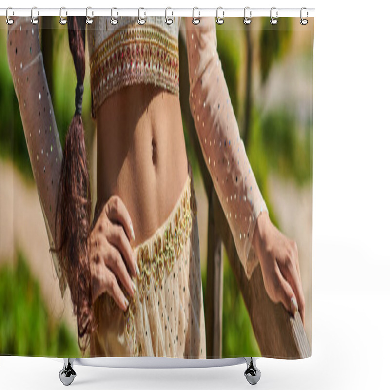 Personality  Cropped View Of Indian Woman In Authentic Attire Standing With Hand On Hip, Summer Park, Banner Shower Curtains