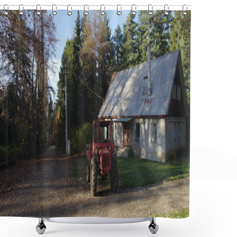 Personality  Old Red Tractor Near To Farmer House In Forest Shower Curtains