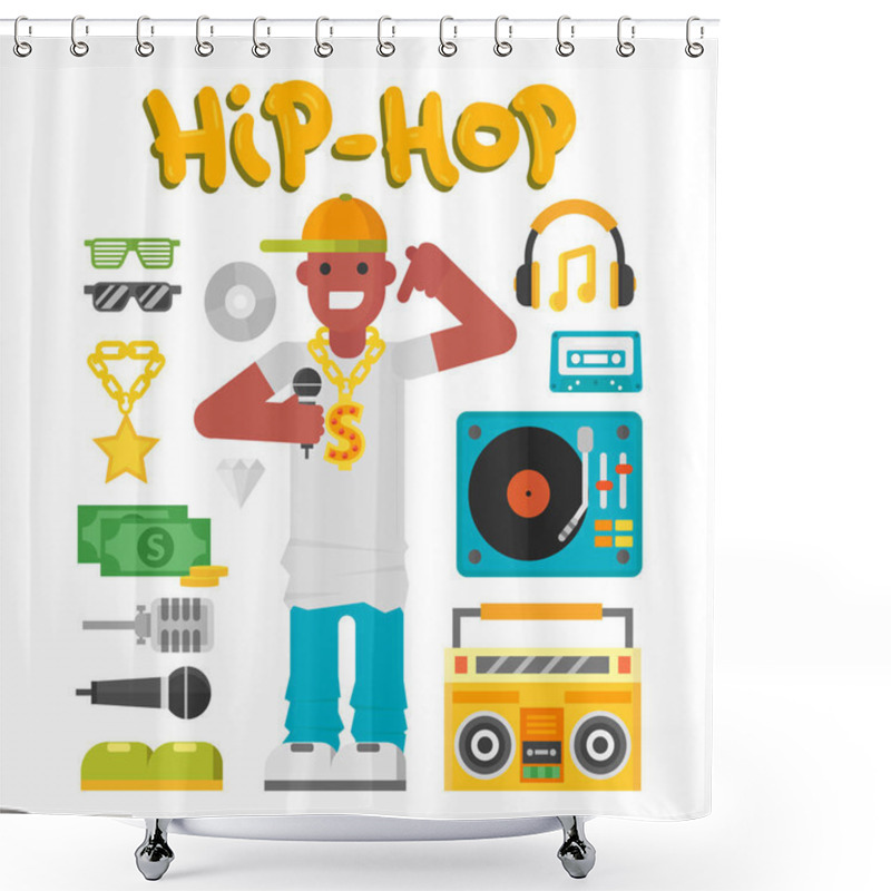 Personality  Hip Hop Character Musician With Microphone Breakdance Expressive Rap Portrait Vector Illustration. Shower Curtains