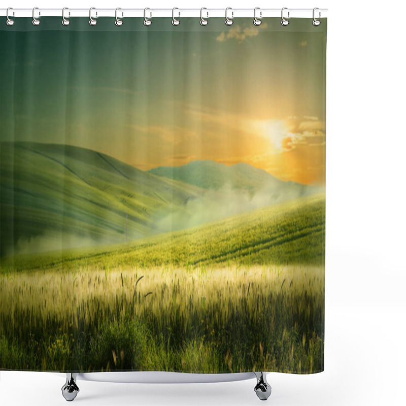 Personality  Beautiful Nature Countryside Landscape; Spring Flowering Field Over Sunrise Sky Shower Curtains