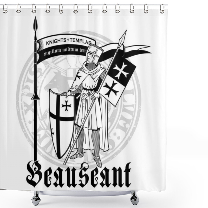 Personality  Knightly Design. Knight Templar In Armor With A Spear, Shield, Flag And Medieval Knight Seal Shower Curtains