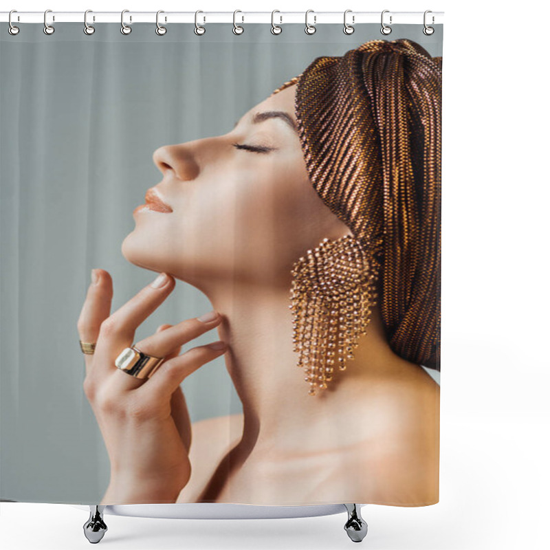 Personality  Profile Of Young Nude Woman With Closed Eyes, Shiny Makeup, Golden Rings And Earrings In Turban Touching Neck Isolated On Grey Shower Curtains