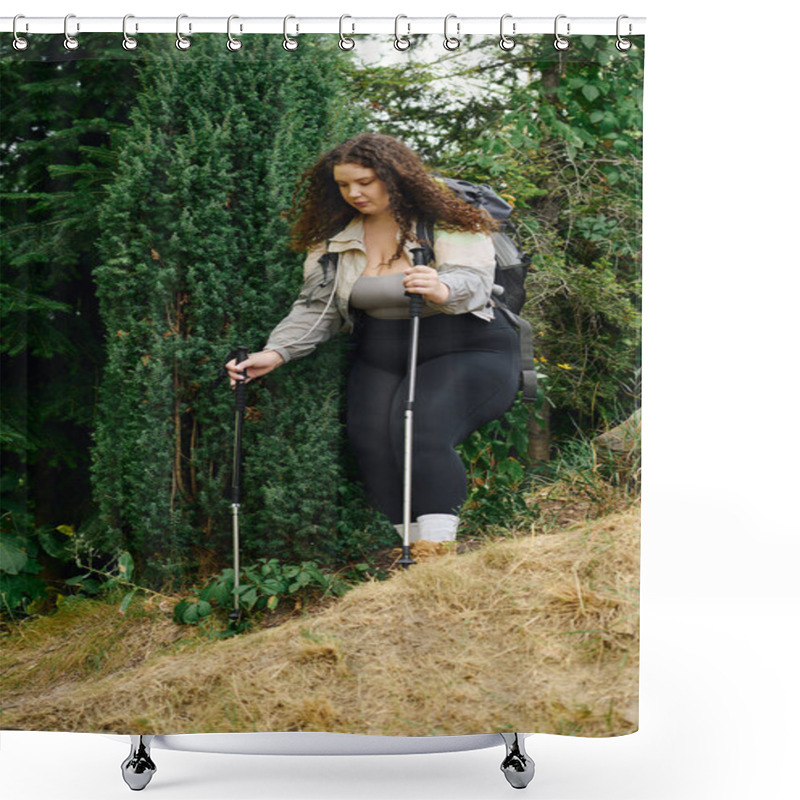 Personality  A Vibrant Plus Size Woman Walks Thoughtfully Through A Lush, Green Landscape. Shower Curtains