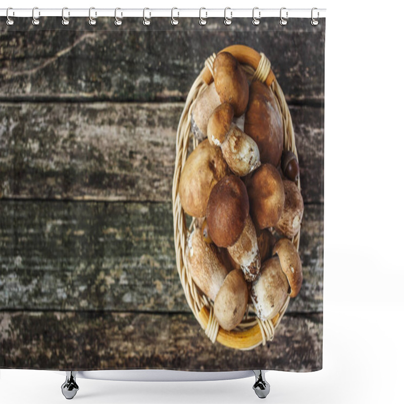 Personality  Mushroom Boletus Over Wooden Background. Autumn Cep Mushrooms. Cooking Delicious Organic Mushroom. Gourmet Food Shower Curtains