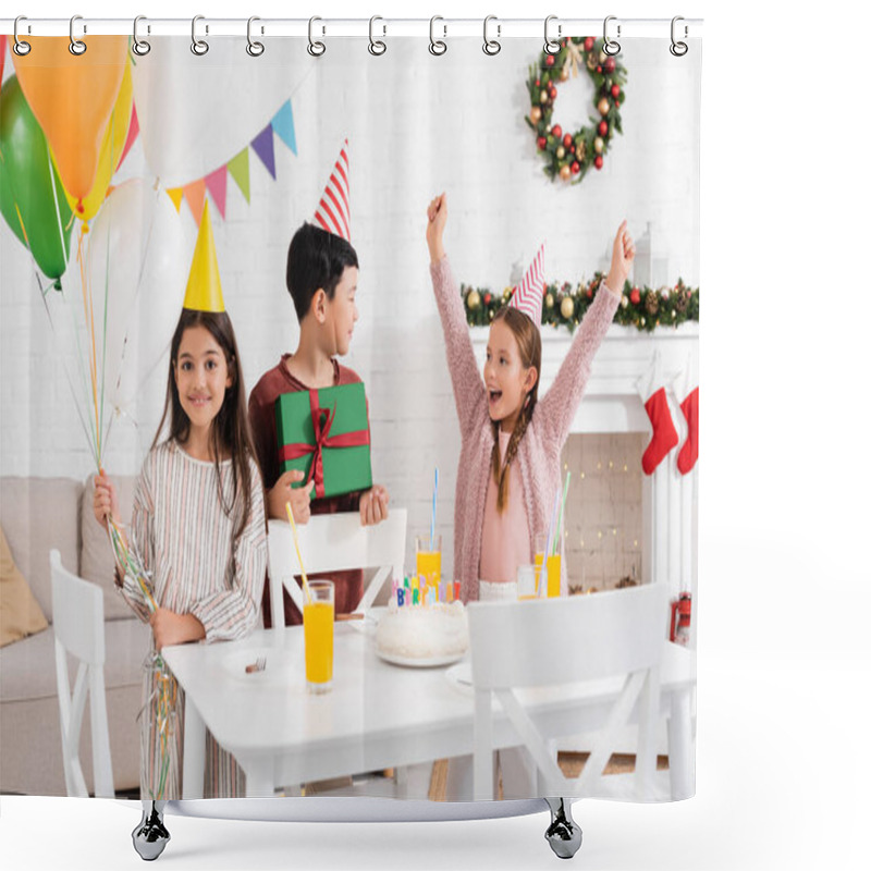 Personality  Smiling Multiethnic Kids In Party Caps Holding Balloons And Gift Near Excited Friend And Birthday Cake At Home In Winter  Shower Curtains