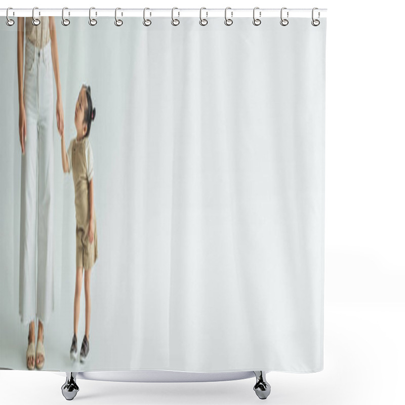 Personality  Asian Toddler Kid Holding Hands With Stylish Mother On Grey, Banner Shower Curtains