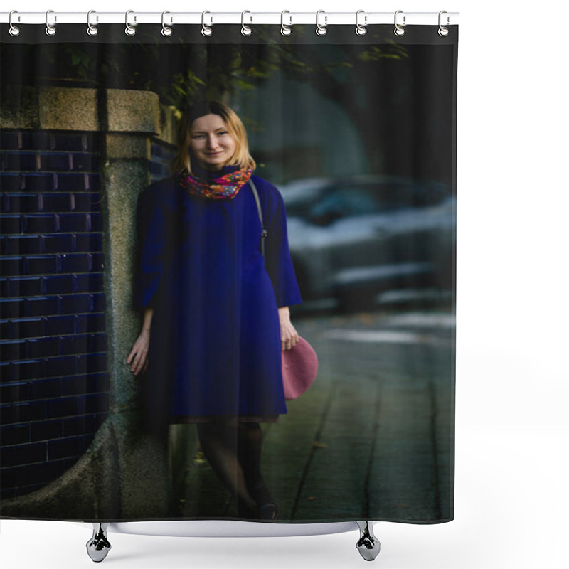 Personality  A Woman In A Coat, Neck Scarf Stands Near A Wall, Holding Her Beret In Her Hand, On An Autumn City Street. Shower Curtains