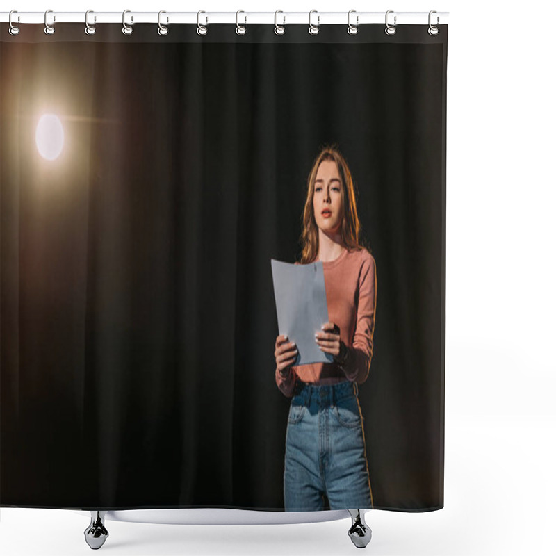 Personality  Beautiful Young Actress Reading Scenario On Black Shower Curtains